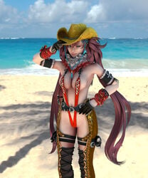 1girls 3d armband beach bikini bow breasts brown_gloves chaps cleavage clouds cowboy_hat dukenukemnever female female_only gloves green_eyes hand_on_hat hand_on_hip hat jewelry kagura_(oneechanbara) long_hair medium_breasts navel ocean oneechanbara pink_hair raised_arm red_bow sand scarf sky sling_bikini smile solo solo_female thighhighs thighs very_long_hair water