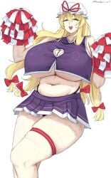 1girls artist_name big_breasts blonde_hair boob_window breasts cheerleader cheerleader_uniform fat_thighs hat huge_breasts light-skinned_female long_hair omikami open_mouth solo solo_female thick_thighs thighs thong touhou underboob watermark white_background yellow_eyes yukari_yakumo