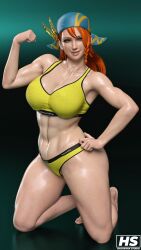 1girls 3d abs bandana breasts capcom female female_only ginger_hair green_eyes hagiwara_studio high_resolution highres minayle monster_hunter monster_hunter_rise muscular muscular_female orange_hair solo sports_bra sportswear