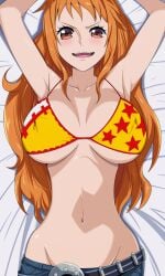 1girls adult areola_bulge armpits arms_above_head arms_up bare_armpits bare_arms bare_belly bare_chest bare_hands bare_hips bare_midriff bare_navel bare_shoulders bare_skin bare_torso belly belly_button bikini bikini_top blush blush_lines blushing_at_viewer blushing_female breasts cleavage collarbone elbows female female_focus female_only half_naked hands_above_head hands_up high_resolution highres hourglass_figure jeans large_breasts laying_down laying_on_back laying_on_bed light-skinned_female light_skin lips long_hair looking_at_viewer naked naked_female nami nami_(one_piece) navel nipple_bulge nude nude_female oki_kuro one_piece open_mouth open_mouth_smile orange_eyebrows orange_eyes orange_eyes_female orange_hair orange_hair_female post-timeskip red_bikini red_bikini_top red_string_bikini red_swimsuit red_swimwear shiny_arms shiny_breasts shiny_hair shiny_shoulders shiny_skin shoulders simple_background slender_body slender_waist slim_girl slim_waist smile smiling smiling_at_viewer solo string_bikini swimsuit swimwear thin_waist tongue underboob upper_body upper_teeth v-line wavy_hair white_background wide_hips yellow_bikini yellow_bikini_top yellow_string_bikini yellow_swimsuit yellow_swimwear