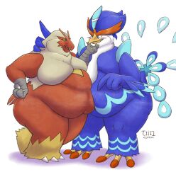 2022 belly_squish big_ass big_breasts blaziken blush chubby chubby_anthro chubby_cheeks duo fat fat_anthro fat_belly fat_fetish fat_thighs fat_woman fatfur game_freak generation_3_pokemon generation_9_pokemon hand_on_chin hand_on_hip large_breasts man_boobs nintendo obese obese_female pokemon pokemon_(species) pokemon_rse pokemon_sv quaquaval teasing unknown_gender untaggable_artist white_background