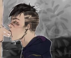 2boys black_hair blush clothed cum cum_on_face digital_media_(artwork) face_closeup fortnite fortnite:_battle_royale gay gay_blowjob gay_sex scar stray_(fortnite) sucking