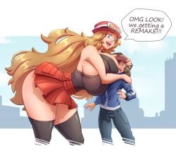 1boy 1girls bigger_female black_hair blonde_hair breasts calem_(pokemon) cleavage color english english_text female female_only giantess growth hat height_difference huge_breasts hugging larger_female long_hair mini_giantess n647 nintendo nipple_bulge pokemon pokemon_xy serena_(pokemon) shorter_male size_difference taller_girl text text_bubble thick_thighs thin_waist upskirt wide_hips