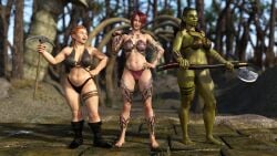 3d 3girls axe bikini black_hair dwarf dwarf_female green_skin green_skinned_female ironclawroo orange_hair orc orc_female original pickaxe red_hair weapon