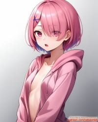 ai_generated no_bra pink_eyes pink_hair ram_(re:zero) re:zero_kara_hajimeru_isekai_seikatsu sebasmidi simple_background upper_body