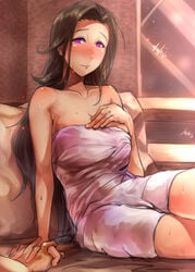 bed blush breasts brown_hair earrings female highres idolmaster idolmaster_cinderella_girls large_breasts long_hair male_hand purple_eyes sitting takahashi_reiko tanishi_(tani4) towel wet