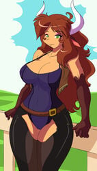 anthro areola big_breasts bovine breasts brown_fur brown_hair closed_mouth cowboy_outfit diana_linda edit female furry green_eyes hair las_lindas long_hair looking_at_viewer milf mother parent plain_background pussy skimpy smile solo standing translucent