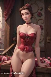 1girls ai_generated arm_support artist_name bare_shoulders beauty_and_the_beast belle belle_(beauty_and_the_beast) bottomless breasts brown_eyes brown_hair bustier choker cleavage clock collarbone corset cowboy_shot dress flower hair_bun hair_ornament hi_res lips looking_at_viewer makeup medium_breasts no_panties patreon_username pink_flower pink_rose progenarts pussy red_choker red_lips rose short_hair single_hair_bun solo strapless uncensored web_address