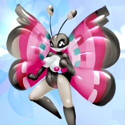 2013 antennae anthro black_eyes blush breasts butterfly butterfly_wings cloud clouds elpatrixf flying insect meadow_vivillon navel nintendo nipples open_mouth pokemon pokemon_xy pussy sky smile tongue vivillon wide_hips wings