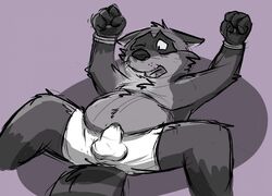 anthro bound boxer_briefs bulge camcartoonfanatic chubby furry handcuffs male male_only no_humans one_closed_eye open_mouth precum raccoon solo spread_legs spreading stain topless underwear