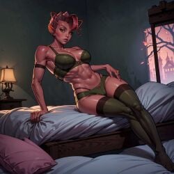 abs ai_generated bra dark_willow dota_2 edit fairy fit_female green_clothing lingerie looking_at_viewer muscular on_bed pink_skin solo_female