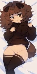 ai_generated animal_ears black_thighhighs brown_eyes brown_hair dog_ears dog_girl dog_tail female hood hoodie lellelop lying mimi_(typh) navel on_back pussy solo tail thighhighs