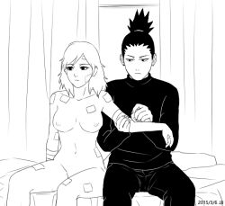 10s 1boy 2015 artist_name bandages bed breasts clothed_male_nude_female couple dated earrings female hair_down jewelry jjj_(dbsgh8573) monochrome nara_shikamaru naruto naruto_(series) naruto_shippuden navel nipples nude sitting teenage_couple temari