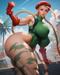 1girls ai_generated big_ass big_breasts blonde_hair blue_eyes braided_hair braided_ponytail bubble_ass bubble_butt c18aiart cammy_white capcom eyes female female_only hat huge_breasts large_ass light-skinned_female light_skin muscular_arms outside patreon_exclusive pawg scar street_fighter tattoos thick_ass thick_thighs voluptuous voluptuous_female