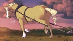 animal anus balls blonde_hair chains equid equine equine_anus feral feral_only frown genitals hair harness horse jaribka landscape looking_back male male_only mammal mane outside puffy_anus sky solo tan_body