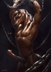 alsares animal_genitalia animal_penis anthro balls brown_body chains equid equine equine_genitalia equine_penis ganachethehorse genitals hair hi_res horse male mammal penis solo vein veiny_penis