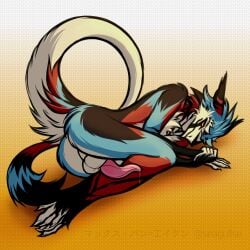 1:1 anthro ass balls bodily_fluids genital_fluids genitals hi_res laying_on_ground leaking_penis leaking_precum lying male male_only on_side penis perineum precum raised_tail rear_view sergal solo tail umamipenis