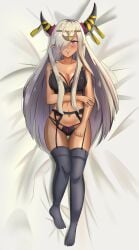 1girls bare_thighs bed_sheet black_bra black_panties bra breasts cleavage dakimakura dark-skinned_female dark_skin female female_only fire_emblem fire_emblem_engage full_body garter_belt grey_hair hair_over_one_eye horns large_breasts long_hair looking_at_viewer nintendo on_back panties purple_eyes red_eyes solo thighhighs thighs underwear very_long_hair zelestia_(fire_emblem) zipperqr