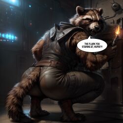 ai_generated angry anthro ass big_butt clothing crouching detailed detailed_fur dialogue hi_res looking_at_viewer male mammal marvel procyonid raccoon rocket_raccoon science_fiction solo taji_(director)