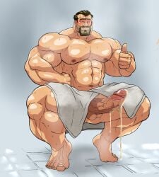 1boy balls bara beard big_penis boner cum cum_dripping_from_penis erection facial_hair hitenmaru human human_only male male_only muscles muscular muscular_male_only musk penis smile solo solo_male spread_legs squatting sweat sweating thumbs_up towel towel_around_waist