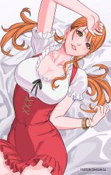 1girls big_breasts black_ribbon bracelet bracelets brown_eyes busty curvy dirndl earrings female female_only laying_down laying_on_back light-skinned_female light_skin long_hair lying_on_back lying_on_bed nami one_piece orange_hair orange_nail_polish orange_nails painted_fingernails painted_nails patreon_username pigtails post-timeskip ribbon smile smile_at_viewer smiling smiling_at_viewer tattoo tattoo_on_arm tight_clothing uukkaa whole_cake_island