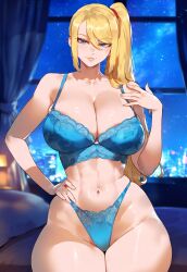 1girls ai_generated big_breasts bimbo blonde_hair blue_eyes blue_lingerie bra cleavage creamy_ai curvy female female_focus female_only highleg_panties huge_breasts lingerie metroid nintendo samus_aran solo thiccwithaq_(ai_style) thick_thighs thighs wide_hips