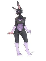 anthro black_body black_fur clothing female fur genitals hi_res lagomorph leporid mammal matilda_(evetheone) panties pussy rabbit saradrawsart scar solo underwear