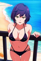 ai_generated beach big_breasts green_eyes mei_(pacific_rim:_the_black) purple_hair thick_thighs wet