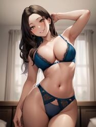 1girls ai_generated ai_mirror arm_up armpit belly_button blue_underwear blush brown_eyes brown_hair curtains hair_in_mouth light_skin long_hair looking_at_viewer medium_breasts posing smile standing underwear window