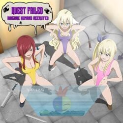 bad_end blonde_hair body_control breasts brown_eyes cleavage english_text erza_scarlet fairy_tail femsub green_eyes haigure happy_trance leotard long_hair lucy_heartfilia mavis_vermilion multiple_subs red_hair swimsuit tattoo tech_control text