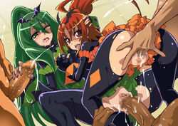 bad_end_march bad_end_precure bad_end_sunny black_legwear blush censored clothed_sex clothing cum cum_in_pussy dark_magical_girl ejaculation female fingering green_eyes green_hair handjob lolita_channel long_hair looking_back magical_girl male open_mouth penis precure pretty_cure pussy red_hair sex small_breasts smile_precure stockings straight tear thighhighs torn_clothes vaginal_penetration very_long_hair wink