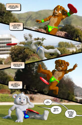 2boys 3d accidental_exposure anthro ass ball_bulge balls balls_under_clothes barefoot bear bulge chris_sutor cinnamon_(chris_sutor) cobalt_(chris_sutor) comic detailed_background dialogue duo english_text erection exposed exposed_penis frisbee humanoid_penis jumping male male_only male_with_male mammal navel nipples outdoors penis penis_out photo_background poking_out skimpy speech_bubble text thong throwing topless wardrobe_malfunction