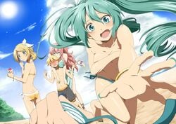 beach bikini blonde_hair blue_eyes blush breast_hold breasts cleavage clouds color covering covering_breasts embarrassed embarrassed_nude_female enf female green_eyes green_hair hatsune_miku kagamine_len kagamine_rin long_hair luka_megurine male medium_breasts outdoors pink_hair short_hair standing stolen_bikini stolen_swimsuit sun swim_trunks vocaloid