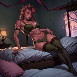 abs ai_generated bra dark_willow dota_2 fairy fit_female green_clothing lingerie looking_at_viewer muscular on_bed pink_skin solo_female