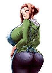 1girls alternate_version_available apron ass back back_view big_ass big_breasts black_pants blue_apron bottomwear breasts brown_eyes brown_hair clothing female female_only green_shirt hair hair_bun huge_breasts kaii_to_otome_to_kamikakushi large_breasts looking_back osuzu_akiomi pants shirt smile solo solo_female sumireko_ogawa topwear