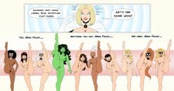 11girls 6+girls arachne_(marvel) avengers barefoot black_cat black_cat_(marvel) black_hair blonde_hair bottomless breasts brown_hair cleavage dark-skinned_female dark_skin earrings emma_frost english_text expressionless fantastic_four feet felicia_hardy female female_only femdom femsub flexible gloves green_hair green_skin hulk_(series) human hypnosis invisible_woman janet_van_dyne jewelry julia_carpenter kitty_pryde large_breasts legs light-skinned_female light_skin lipstick long_hair marvel mary_jane_watson mask meme mind_control mohawk monica_rambeau ms._marvel ms._marvel_(carol_danvers) multiple_girls multiple_subs muscular_female navel nude nude_female ororo_munroe photon_(marvel) polmanning pubic_hair pussy red_hair shadowcat she-hulk short_hair small_breasts spider-man_(series) standing_split storm_(x-men) sue_storm superheroine text the_avengers:_earth's_mightiest_heroes topless vertical_splits wasp_(earth's_mightiest_heroes) wasp_(marvel) white_hair white_queen x-men yoga