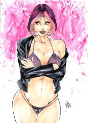 10s 1girls 2010s 2018 abstract_background belly_button big_breasts black_jacket bra breasts busty curvaceous curvy dated dc_comics deviantart ed_benes_studio female female_only freefall_(gen&sup1;&sup3;) gen&sup1;&sup3; human image_comics jacket jacket_removed lanio_sena metahuman midriff navel panties pink_background pink_eyes pink_hair pinup pubic_hair purple_bra purple_hair purple_panties red_lips red_lipstick see-through see-through_panties signature solo stomach striped_hair superheroine thick_thighs thighs voluptuous wildstorm