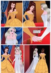 beauty_and_the_beast belle comic elsa_(frozen) female froze frozen_(film) hand_hold serisabibi