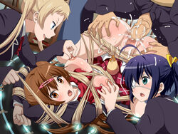 1boy 3girls big_breasts blonde_hair blue_hair blush bondage brown_eyes brown_hair censored chuunibyou_demo_koi_ga_shitai! cum cum_in_pussy dekomori_sanae eye_patch green_eyes hair_ribbon lolita_channel long_hair multiple_girls nibutani_shinka nipple_tweak nipples open_clothes open_mouth open_shirt penis pussy restrained ribbon school_uniform sex shirt short_hair side_ponytail socks spread_legs takanashi_rikka tear tied_hair twintails vaginal_penetration very_long_hair