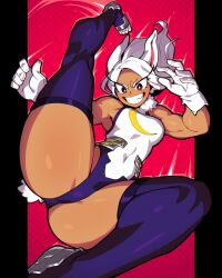 1girls ass bunny_ears bunny_girl bunny_tail dark-skinned_female dark_skin flying_kick gloves hero_outfit_(mha) kicking long_eyelashes miruko muscular_female muscular_male my_hero_academia qewie red_eyes rumi_usagiyama smile superheroine thick_thighs thighs tight_clothing white_hair