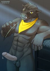 2011 aledonrex anthro balls big_muscles erection fangs fur hair looking_at_viewer male male_only nude pecs penis pig porcine precum scarf solo standing vein yellow_eyes