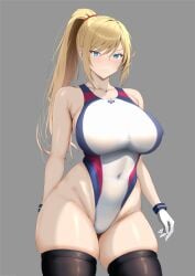 1girls blonde_hair blue_eyes breasts cameltoe female female_only high_resolution large_breasts metroid one-piece_swimsuit ranhatu samus_aran skindentation solo swimsuit thighhighs thighs underboob very_high_resolution white_background wide_hips