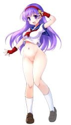 arm_up asamiya_athena athena_asamiya bottomless breasts brown_footwear commission cropped_shirt female fingerless_gloves full_body gloves groin hair_ornament hairband king_of_fighters kneehighs legs navel open_mouth purple_eyes purple_hair pussy red_gloves red_hairband shirt shoes short_sleeves skeb_commission smile socks solo star_(symbol) star_hair_ornament stomach thighs v white_shirt white_socks zinan