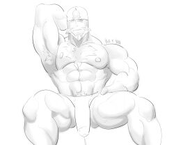 archie_(pokemon) armpit_hair balls bara beard bulge chest_hair facial_hair flaccid hand_behind_head headkerchief male male_only monochrome muscles muscular nintendo penis phosbara pokemon sitting solo solo_male team_aqua