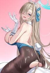 1boy animal_ears ass asuna_(blue_archive) asuna_(bunny)_(blue_archive) black_pantyhose blue_archive blue_eyes blue_leotard blush breasts bukkake cowgirl_position cum cum_on_ass cum_on_body cum_on_breasts cum_on_clothes cum_on_hair cum_string detached_collar elbow_gloves facial fake_animal_ears female gloves gradient_background hair_over_one_eye hair_ribbon halo hands_up highleg highleg_leotard highres huge_breasts leotard light_brown_hair long_hair looking_back official_alternate_costume open_mouth pantyhose pink_background playboy_bunny rabbit_ears rapapa ribbon simple_background smile solo_focus straight strapless strapless_leotard thighband_pantyhose white_gloves