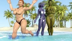 3d 3girls bikini black_panties dark_elf dwarf dwarf_female elf elf_female green_skin green_skinned_female ironclawroo orange_hair orc orc_female original panties ponytail purple_skin swimsuit topless topless_female white_bikini