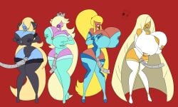 bimbofication blonde_hair blue_skin breasts crossover cynthia_(pokemon) da-fuze femsub full_body happy_trance huge_breasts lordebonfuze lusamine_(pokemon) mario_(series) metroid nintendo orange_skin pokemon pokemon_diamond_pearl_and_platinum pokemon_sm pokemon_sun_and_moon princess princess_rosalina purple_skin red_skin samus_aran simple_background smoochbo standing tech_control transformation zero_suit zero_suit_samus