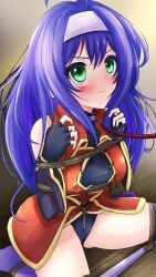 1girls black_panties blue_hair bondage captured female_focus femsub fire_emblem fire_emblem:_path_of_radiance fire_emblem:_radiant_dawn green_eyes kneeling medium_breasts mia_(fire_emblem) nintendo panties restrained thighs uncontroldelusioner upskirt