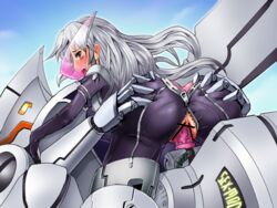 ass ass_grab blush bodysuit boris_(noborhys) censored female from_behind grey_eyes human_penetrated liberation_maiden long_hair looking_back machine mask mecha mechanical_arm ozora_shoko robot robot_on_human robot_penis sex sex_machine silver_hair straddling zipper