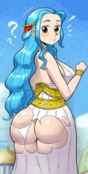 1girls ass big_ass blue_hair blush booty clothing confused_look confusion dress fat_ass female female_only long_hair looking_at_viewer looking_back nefertari_vivi one_piece question_mark ripped_clothing solo thehoeartist